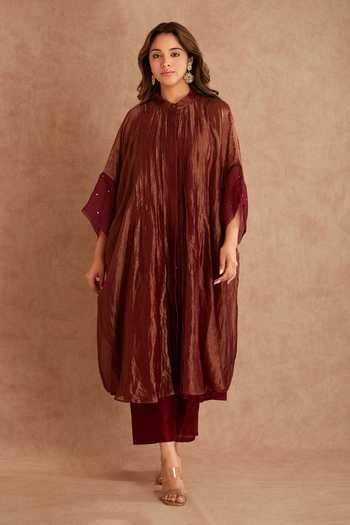 Buy_Priya Chaudhary_Red Tissue, Chanderi Mandarin Collar, V-neck Overlay Jacket And Tunic Set _Online_at_Aza_Fashions