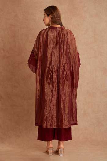 Shop_Priya Chaudhary_Red Tissue, Chanderi Mandarin Collar, V-neck Overlay Jacket And Tunic Set _at_Aza_Fashions