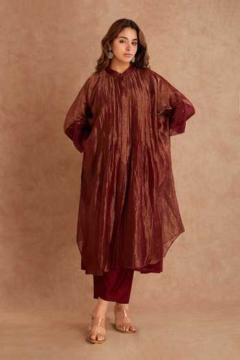Shop_Priya Chaudhary_Red Tissue, Chanderi Mandarin Collar, V-neck Overlay Jacket And Tunic Set _Online_at_Aza_Fashions