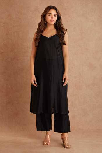 Shop_Priya Chaudhary_Brown Tissue, Chanderi Round Neck Kaftan And Pant Set _Online_at_Aza_Fashions