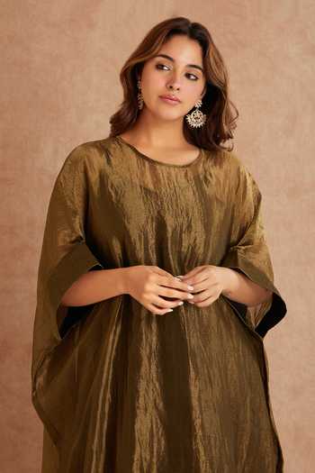 Priya Chaudhary_Brown Tissue, Chanderi Round Neck Kaftan And Pant Set _at_Aza_Fashions