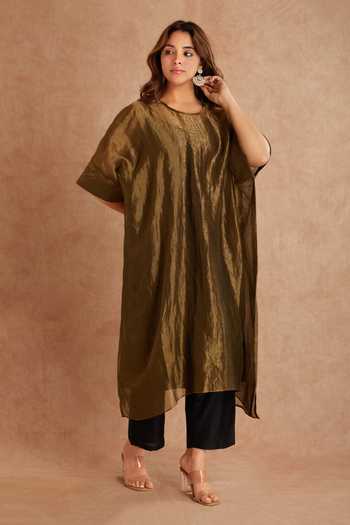 Buy_Priya Chaudhary_Brown Tissue, Chanderi Round Neck Kaftan And Pant Set 