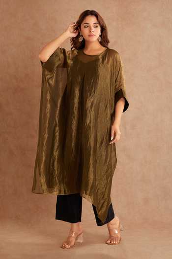 Shop_Priya Chaudhary_Brown Tissue, Chanderi Round Neck Kaftan And Pant Set 