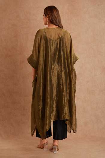 Shop_Priya Chaudhary_Brown Tissue, Chanderi Round Neck Kaftan And Pant Set _at_Aza_Fashions