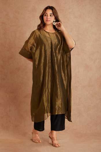 Priya Chaudhary_Brown Tissue, Chanderi Round Neck Asymmetric Kaftan _Online_at_Aza_Fashions