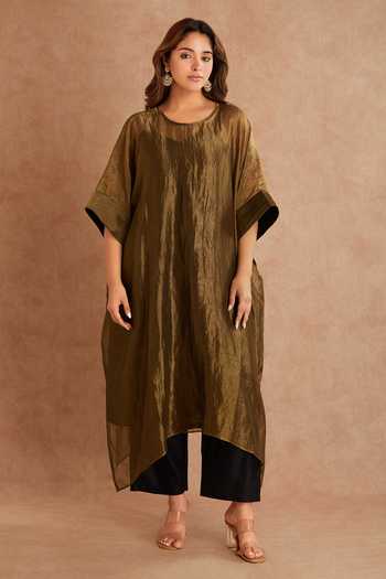 Buy_Priya Chaudhary_Brown Tissue, Chanderi Round Neck Asymmetric Kaftan _at_Aza_Fashions