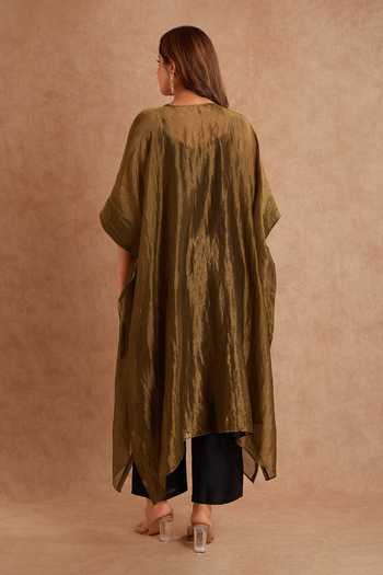 Shop_Priya Chaudhary_Brown Tissue, Chanderi Round Neck Asymmetric Kaftan _at_Aza_Fashions