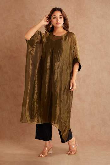 Buy_Priya Chaudhary_Brown Tissue, Chanderi Round Neck Asymmetric Kaftan _Online_at_Aza_Fashions