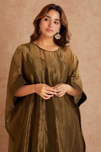 Shop_Priya Chaudhary_Brown Tissue, Chanderi Round Neck Asymmetric Kaftan _Online_at_Aza_Fashions