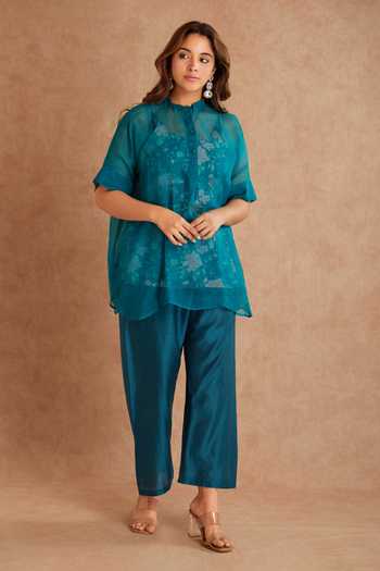 Buy_Priya Chaudhary_Blue Organza, Chanderi, Rayon Mandarin Collar, Yes Sheer Kurta And Pant Set _at_Aza_Fashions