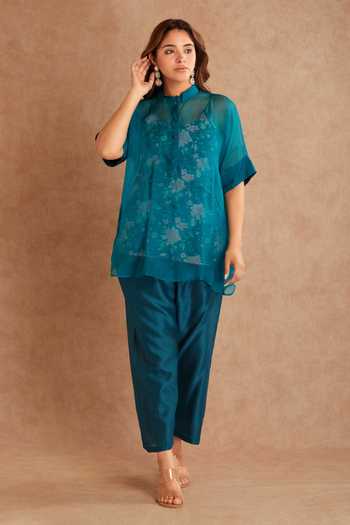 Buy_Priya Chaudhary_Blue Organza, Chanderi, Rayon Mandarin Collar, Yes Sheer Kurta And Pant Set _Online_at_Aza_Fashions