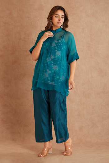 Shop_Priya Chaudhary_Blue Organza, Chanderi, Rayon Mandarin Collar, Yes Sheer Kurta And Pant Set _Online_at_Aza_Fashions