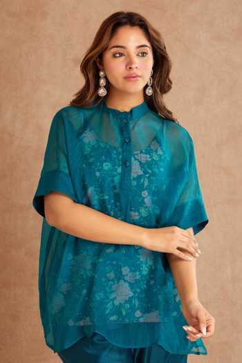 Priya Chaudhary_Blue Organza, Chanderi, Rayon Mandarin Collar, Yes Sheer Kurta And Pant Set _at_Aza_Fashions