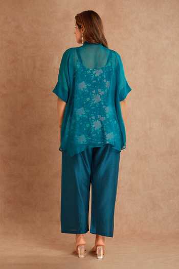 Shop_Priya Chaudhary_Blue Organza, Chanderi, Rayon Mandarin Collar, Yes Sheer Kurta And Pant Set _at_Aza_Fashions