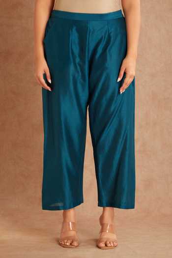 Shop_Priya Chaudhary_Blue Organza, Chanderi, Rayon Mandarin Collar, Yes Sheer Kurta And Pant Set 