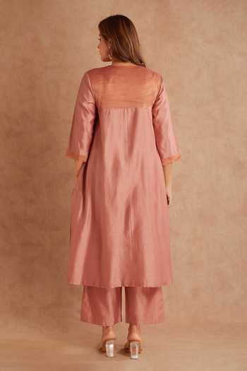 Shop_Priya Chaudhary_Pink Chanderi Split V-neck Kurta And Pant Set _at_Aza_Fashions
