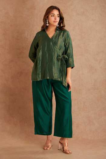 Buy_Priya Chaudhary_Green Tissue, Chanderi Zari V-neck Tie-up Top And Pant Set _at_Aza_Fashions