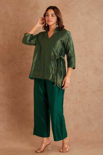 Buy_Priya Chaudhary_Green Tissue, Chanderi Zari V-neck Tie-up Top And Pant Set _Online_at_Aza_Fashions