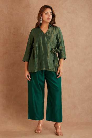 Shop_Priya Chaudhary_Green Tissue, Chanderi Zari V-neck Tie-up Top And Pant Set _Online_at_Aza_Fashions