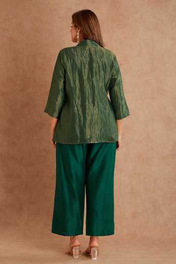 Shop_Priya Chaudhary_Green Tissue, Chanderi Zari V-neck Tie-up Top And Pant Set _at_Aza_Fashions