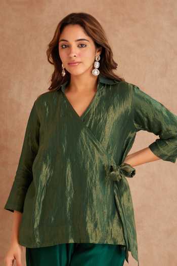 Buy_Priya Chaudhary_Green Tissue, Chanderi Zari V-neck Tie-up Top And Pant Set 