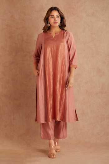 Shop_Priya Chaudhary_Pink Chanderi Split V-neck Straight Kurta Set _Online_at_Aza_Fashions