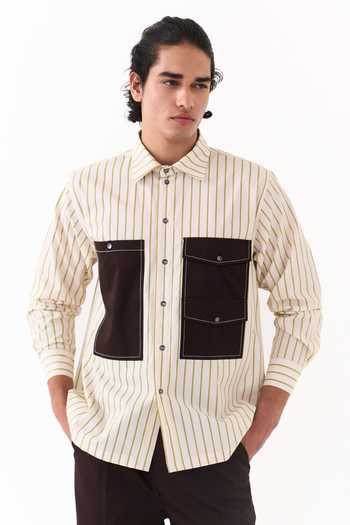 Buy_Three_Beige Cotton, Poplin Double Patch Pocket Striped Shirt _at_Aza_Fashions
