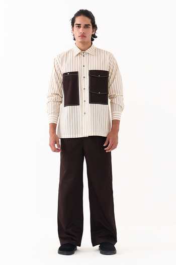 Three_Beige Cotton, Poplin Double Patch Pocket Striped Shirt _Online_at_Aza_Fashions