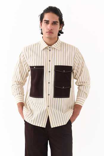 Buy_Three_Beige Cotton, Poplin Double Patch Pocket Striped Shirt _Online_at_Aza_Fashions