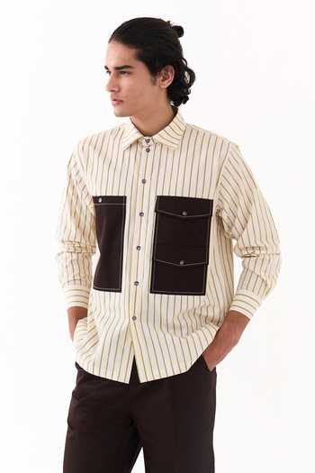 Three_Beige Cotton, Poplin Double Patch Pocket Striped Shirt _at_Aza_Fashions