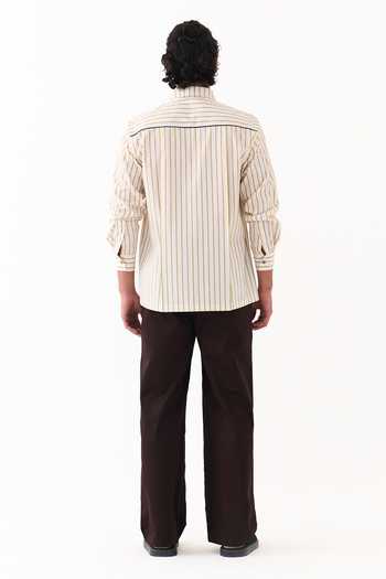 Buy_Three_Beige Cotton, Poplin Double Patch Pocket Striped Shirt 