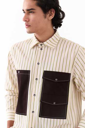 Shop_Three_Beige Cotton, Poplin Double Patch Pocket Striped Shirt 