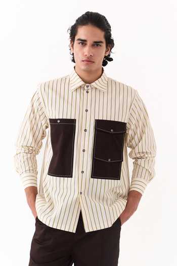 Three_Beige Cotton, Poplin Double Patch Pocket Striped Shirt _Online