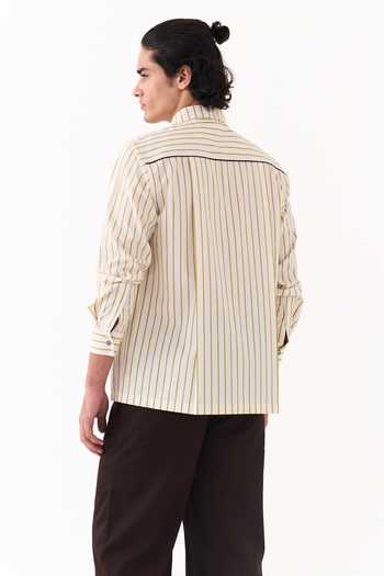 Shop_Three_Beige Cotton, Poplin Double Patch Pocket Striped Shirt _at_Aza_Fashions
