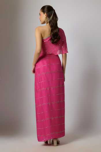Shop_Krishna Padia_Pink Chinon Embroidery, Zari One Shoulder Bandhej Print Top And Skirt Set _at_Aza_Fashions