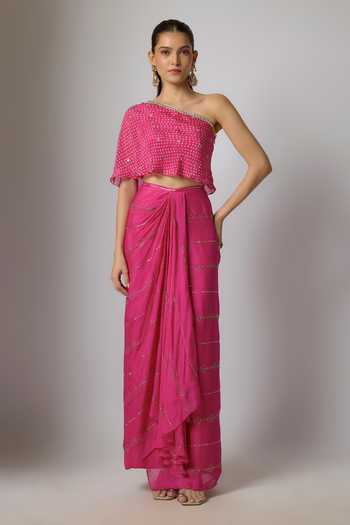 Buy_Krishna Padia_Pink Chinon Embroidery, Zari One Shoulder Bandhej Print Top And Skirt Set _at_Aza_Fashions