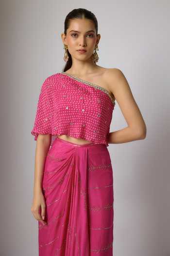 Krishna Padia_Pink Chinon Embroidery, Zari One Shoulder Bandhej Print Top And Skirt Set _Online_at_Aza_Fashions