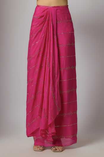 Buy_Krishna Padia_Pink Chinon Embroidery, Zari One Shoulder Bandhej Print Top And Skirt Set _Online_at_Aza_Fashions