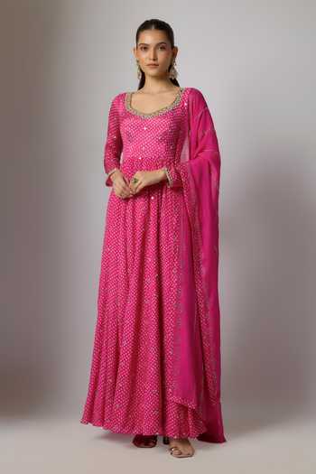 Buy_Krishna Padia_Pink Chinon, Lycra Embroidery, Zari Scoop Neck Bandhej Print Anarkali Set _at_Aza_Fashions