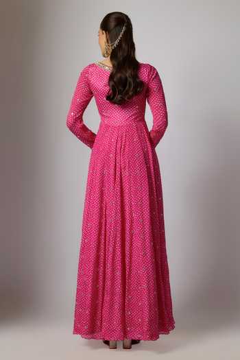 Shop_Krishna Padia_Pink Chinon, Lycra Embroidery, Zari Scoop Neck Bandhej Print Anarkali Set _at_Aza_Fashions