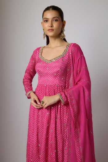 Krishna Padia_Pink Chinon, Lycra Embroidery, Zari Scoop Neck Bandhej Print Anarkali Set _Online_at_Aza_Fashions