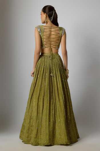 Shop_Krishna Padia_Green Chinon Mirrors, Beads, Bandhej Print And Embroidered Blouse Lehenga Set _at_Aza_Fashions
