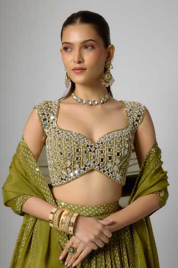 Krishna Padia_Green Chinon Mirrors, Beads, Bandhej Print And Embroidered Blouse Lehenga Set _Online_at_Aza_Fashions
