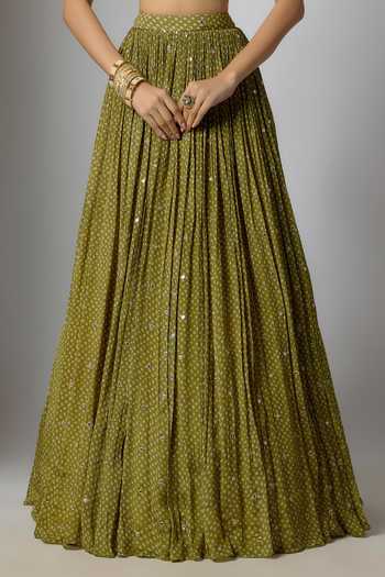 Buy_Krishna Padia_Green Chinon Mirrors, Beads, Bandhej Print And Embroidered Blouse Lehenga Set _Online_at_Aza_Fashions