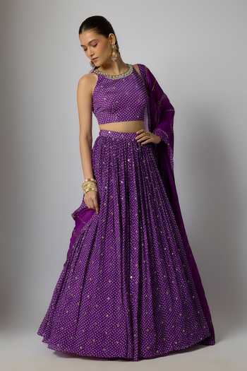 Krishna Padia_Purple Chinon Mirrors, Embroidery, Zari Round Neck Bandhej Print Lehenga Set _Online_at_Aza_Fashions
