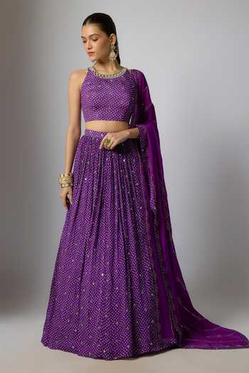 Buy_Krishna Padia_Purple Chinon Mirrors, Embroidery, Zari Round Neck Bandhej Print Lehenga Set _at_Aza_Fashions