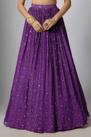 Buy_Krishna Padia_Purple Chinon Mirrors, Embroidery, Zari Round Neck Bandhej Print Lehenga Set _Online_at_Aza_Fashions