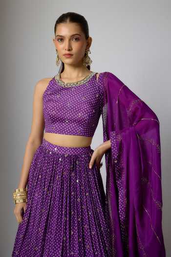 Shop_Krishna Padia_Purple Chinon Mirrors, Embroidery, Zari Round Neck Bandhej Print Lehenga Set _Online_at_Aza_Fashions
