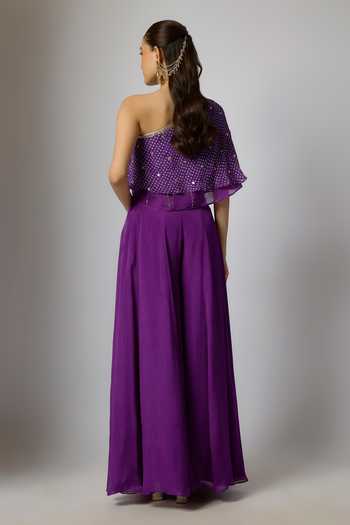 Shop_Krishna Padia_Purple Chinon Embroidery, Zari One Shoulder Bandhej Print Top And Palazzo Set _at_Aza_Fashions
