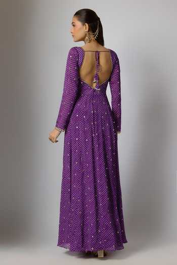 Shop_Krishna Padia_Purple Chinon, Lycra, Crepe Embroidery, Zari Square Bandhej Print Anarkali Set _at_Aza_Fashions